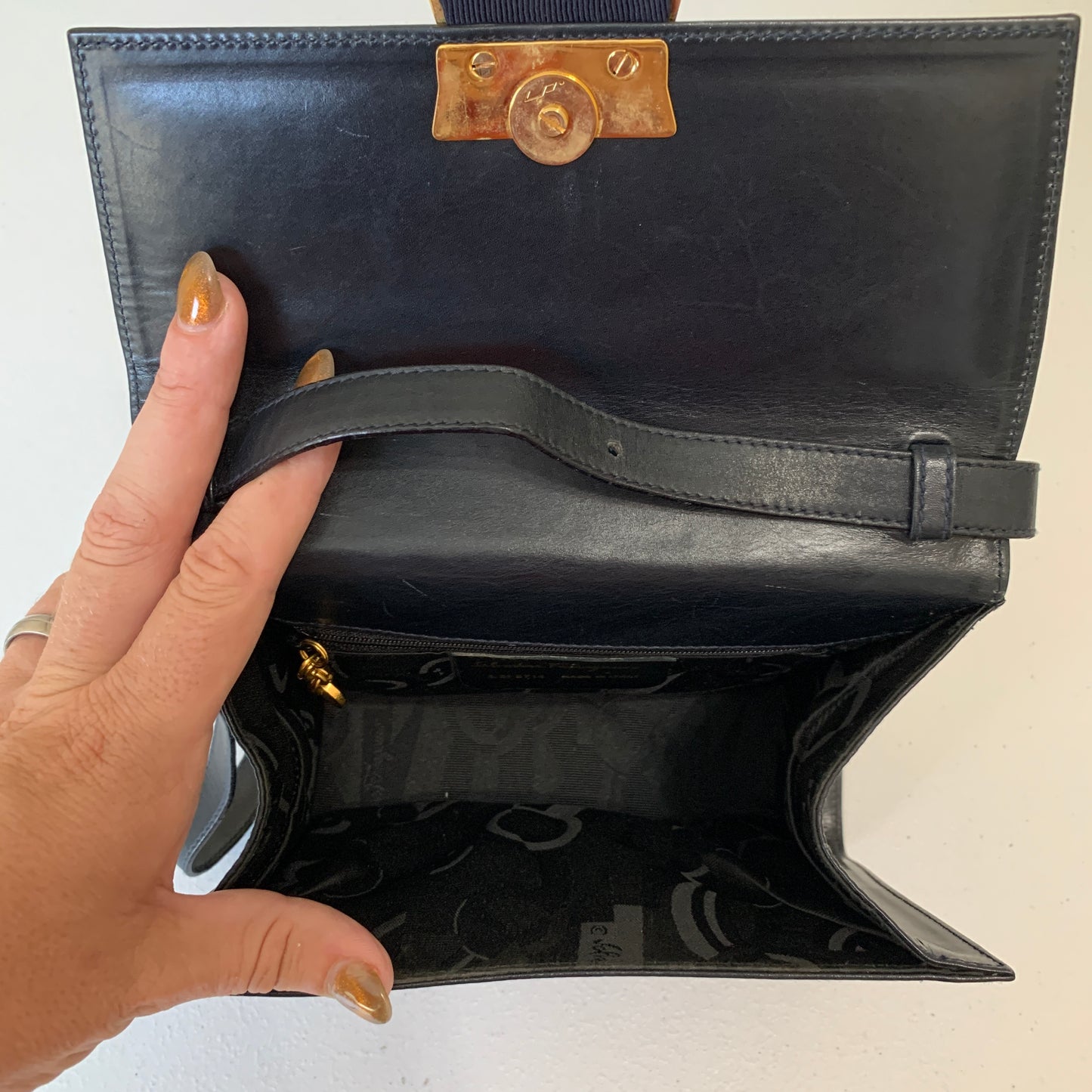 Ferragamo Navy blue leather crossbody bag purse authentic with COA