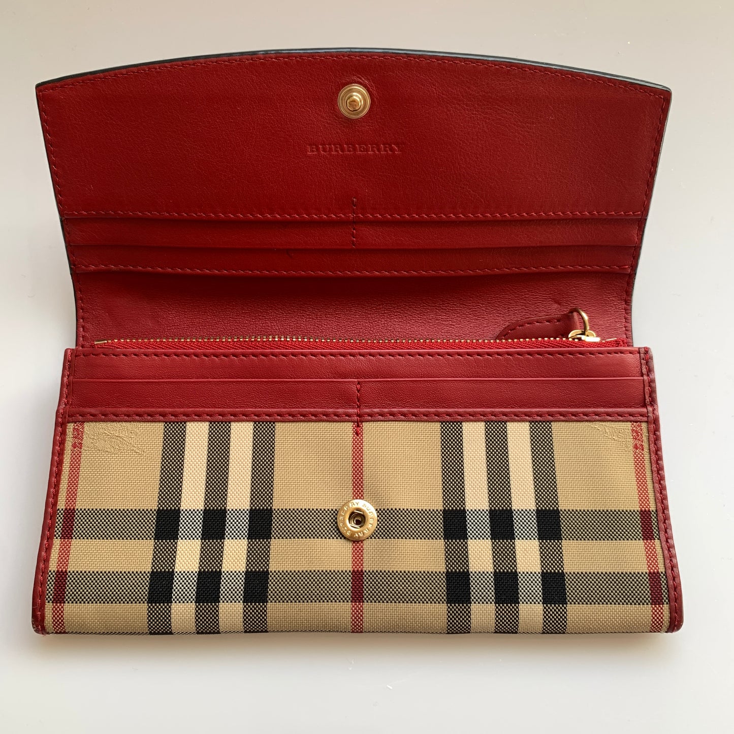 Burberry women’s nova check canvas and red leather wallet authentic with COA