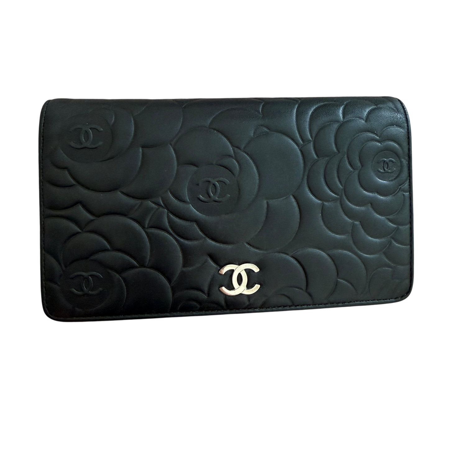 Chanel camellia flower embossed coco mark black leather wallet authentic with COA