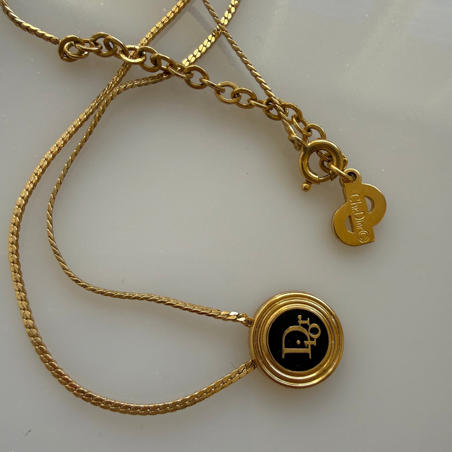 Christian Dior necklace logo pendant gold black authentic with COA 004