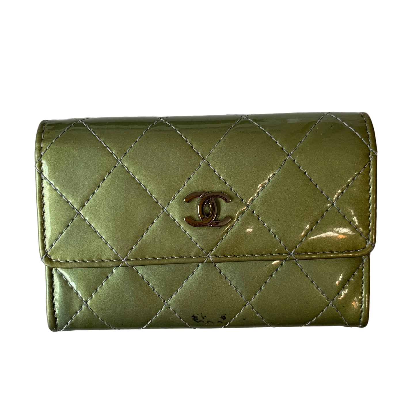 Chanel green patent leather card holder mini wallet authentic with COA box