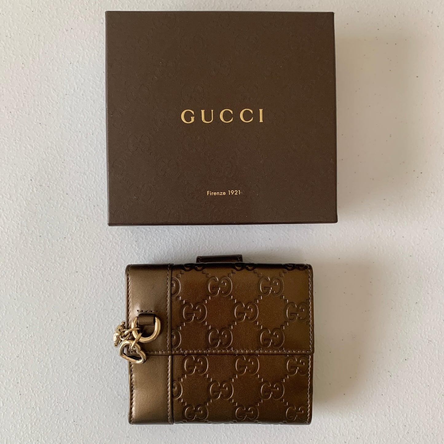 Gucci GG monogram bronze leather compact wallet authentic with COA and box
