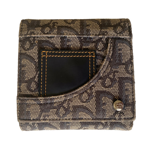 Dior oblique trotter canvas and blue leather trifold compact wallet