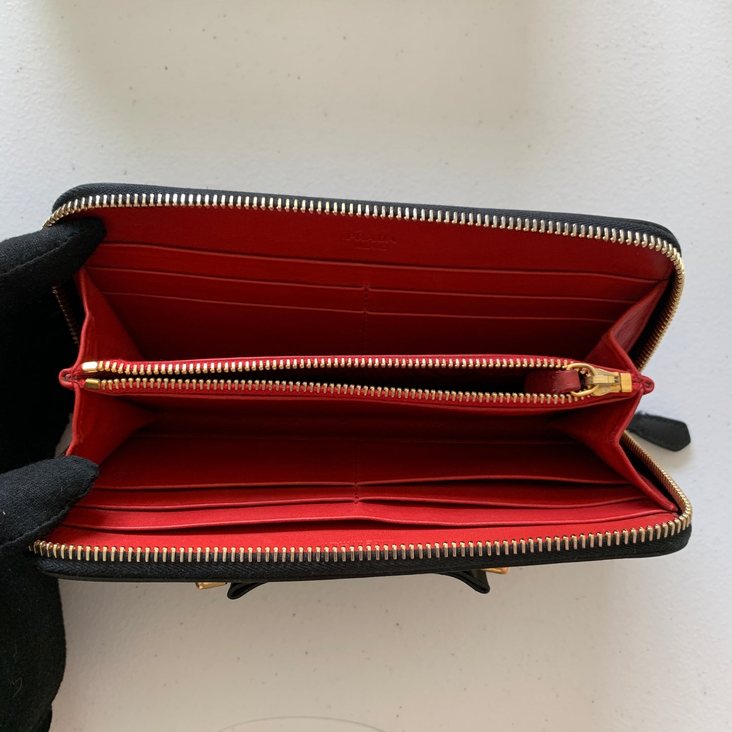 Prada bow long black leather zip around wallet authentic with COA and box