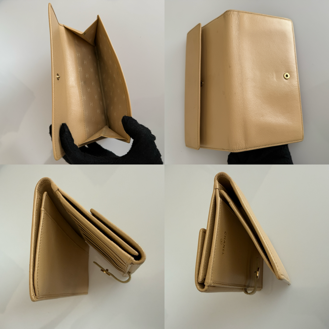 Chanel coco button beige leather long wallet authentic with COA and box