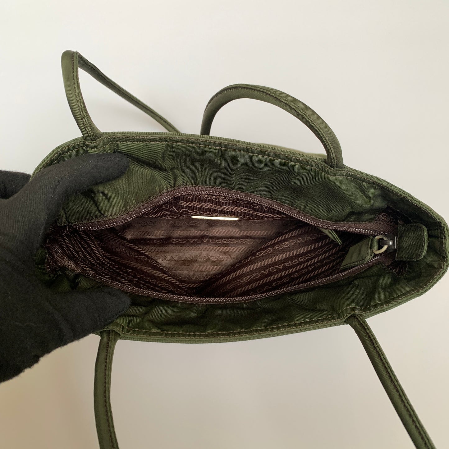 PRADA triangle logo green nylon tote shoulder bag Authentic with COA