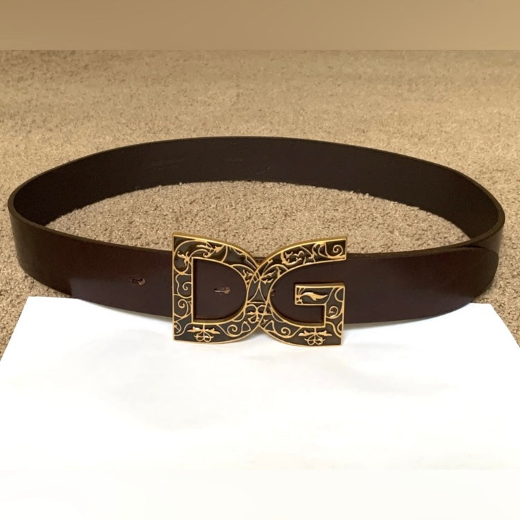 Authentic Dolce & Gabbana unisex brown leather logo belt with dust bag size 95 cm/38 inch