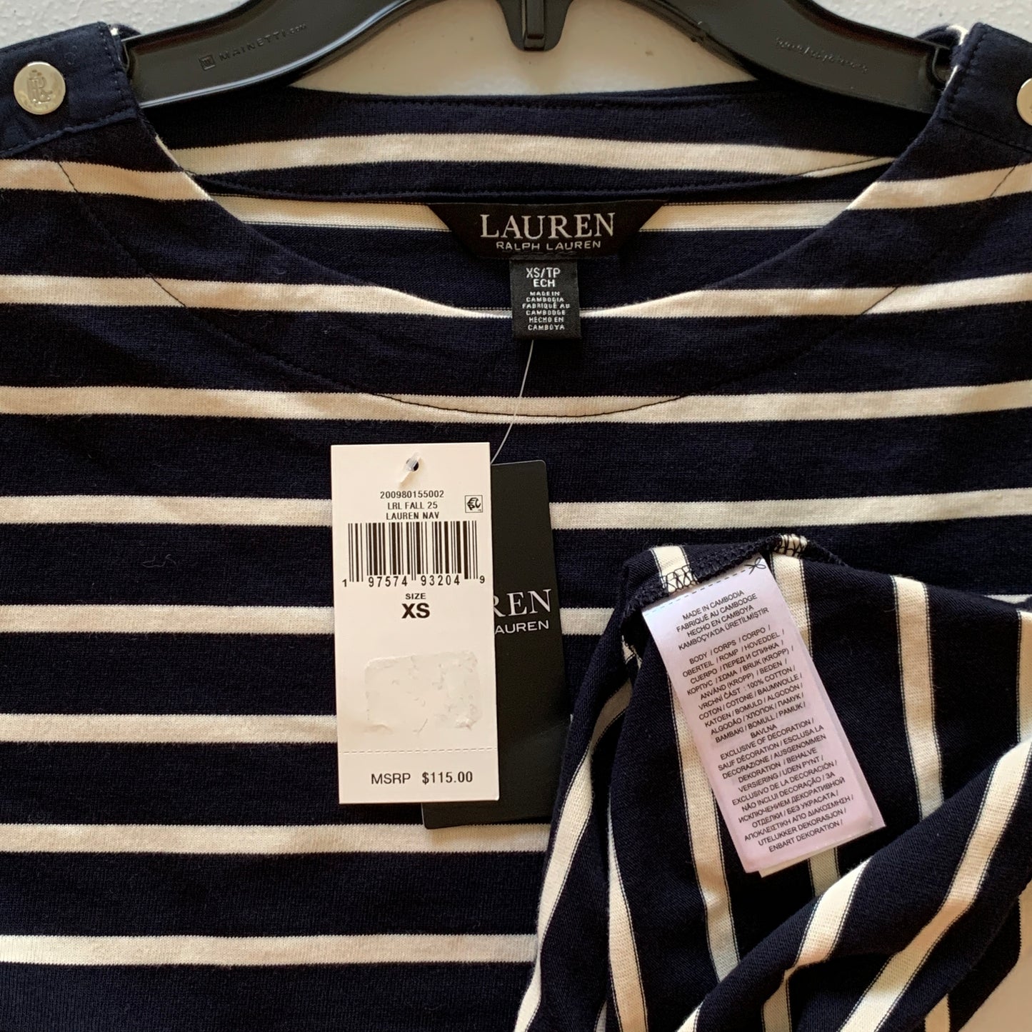 Lauren Ralph Lauren Women’s NWT Navy blue Cream striped 3/4 sleeve shirt XS & S