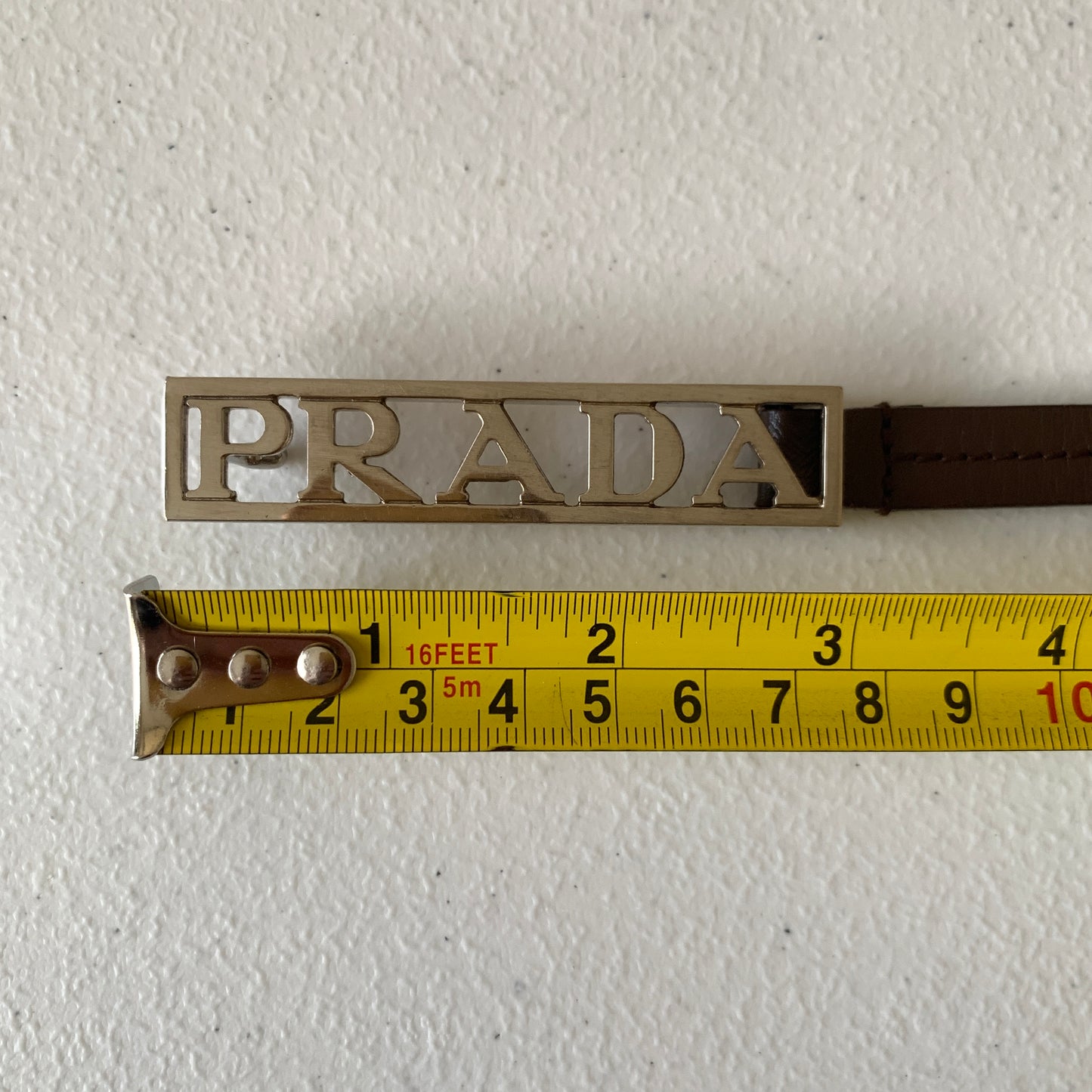 Prada silver logo brown leather belt Authentic with COA size 34 inch 85 cm