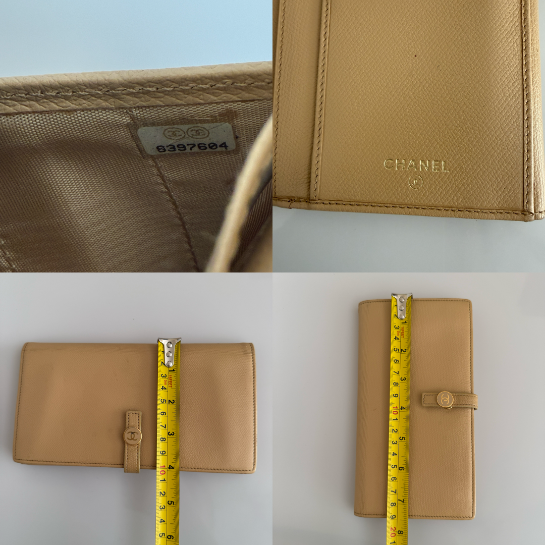 Chanel coco button beige leather long wallet authentic with COA and box