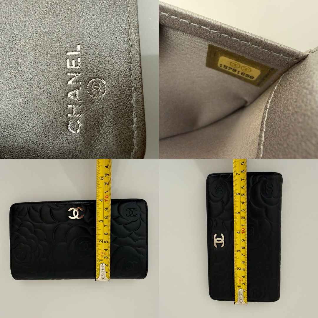 Chanel camellia flower embossed coco mark black leather wallet authentic with COA
