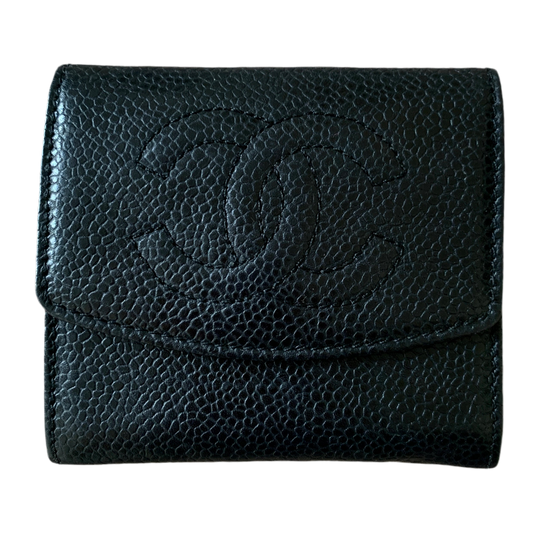 Authentic Chanel unisex caviar black leather coin wallet with authenticity card