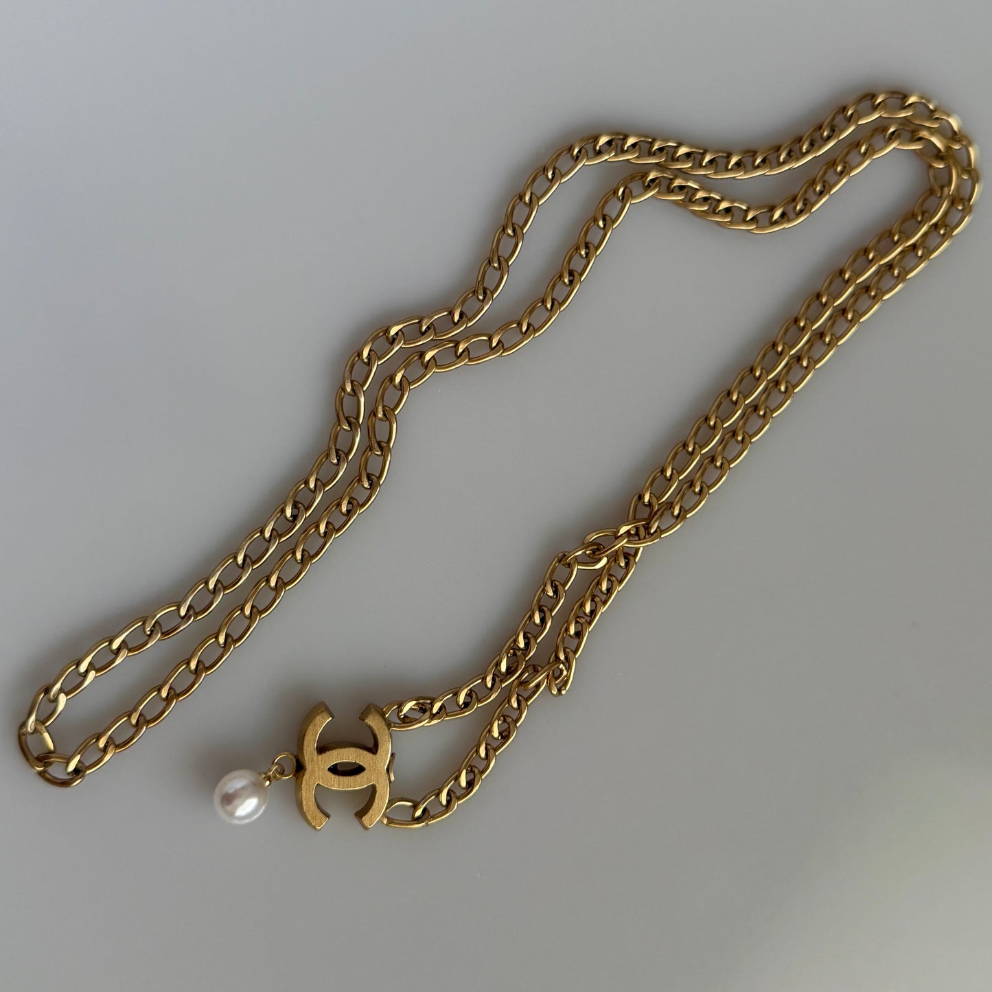 Chanel vintage CC and pearl pendant long necklace authentic with COA gold tone