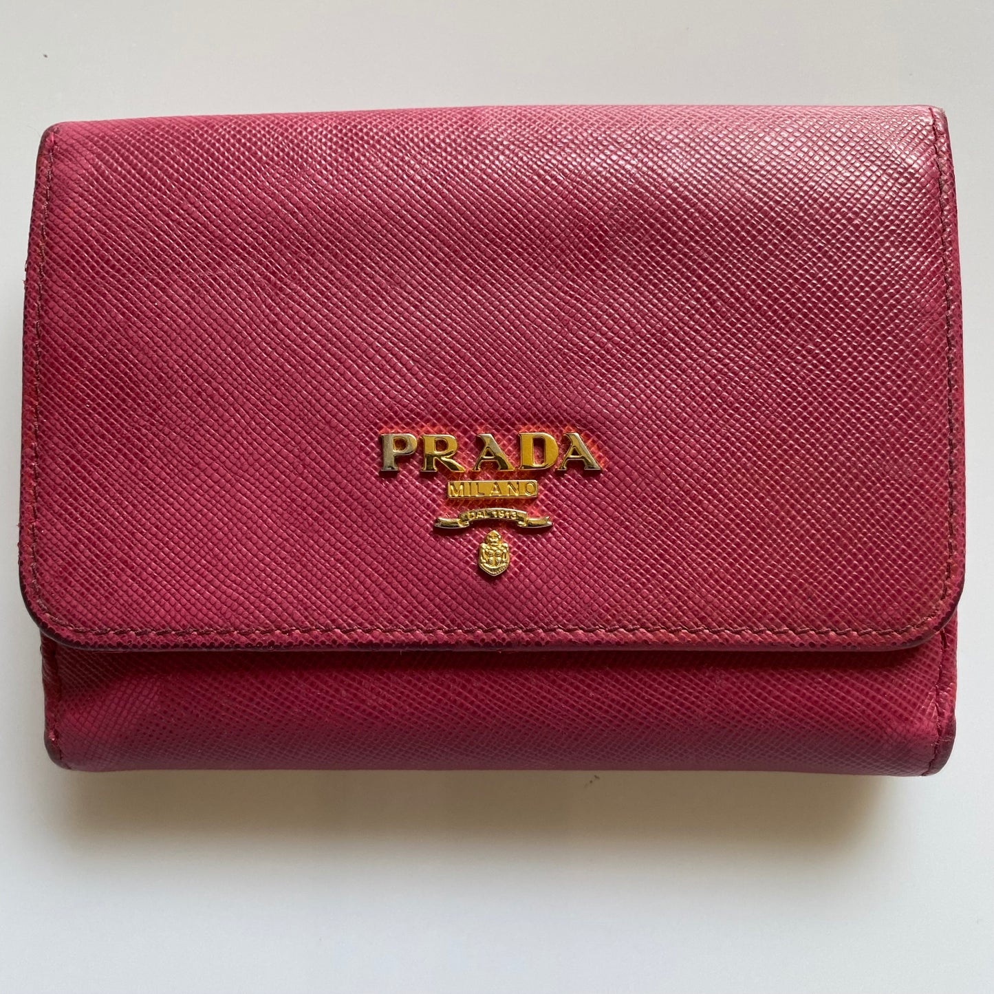 PRADA pink saffiano leather compact wallet Authentic with COA 4.9x3.8