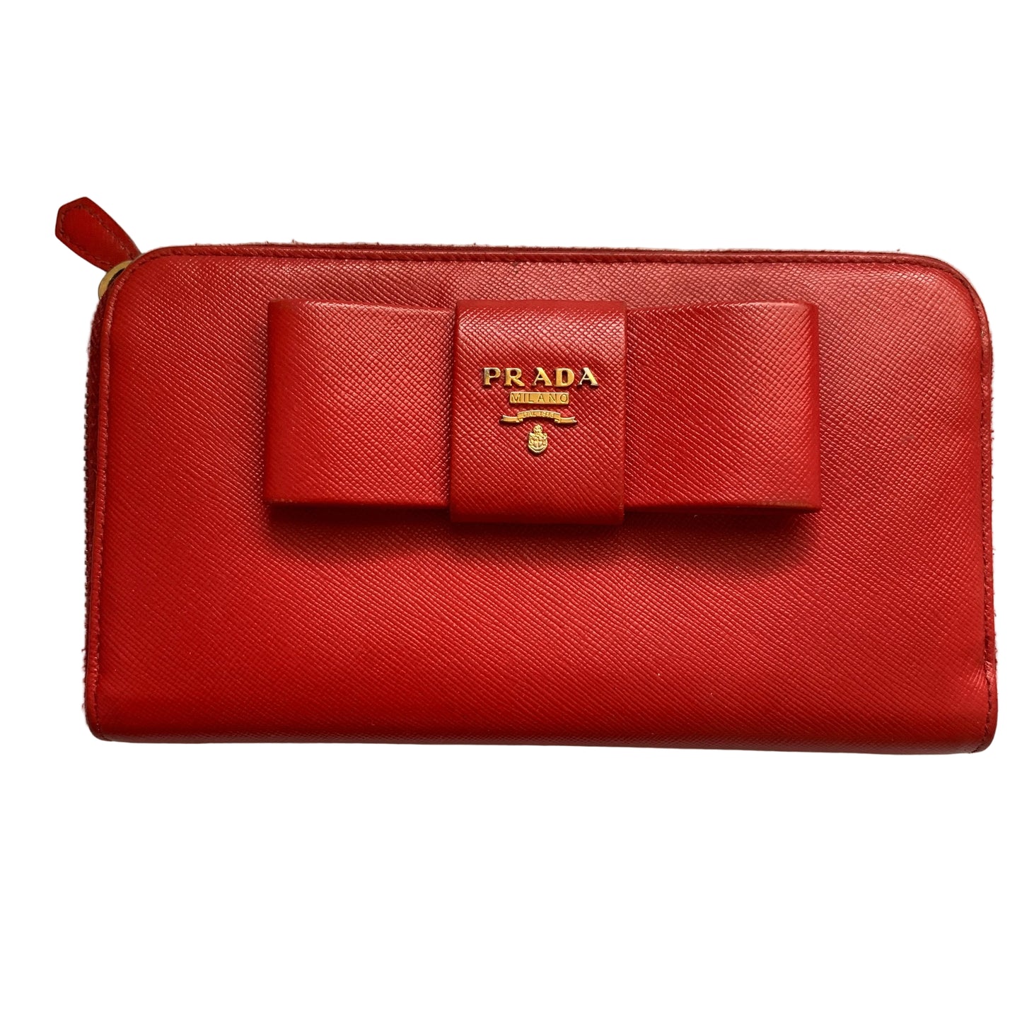 Prada women’s red leather long zip around wallet Authentic with COA