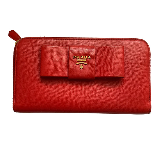 Prada women’s red leather long zip around wallet Authentic with COA