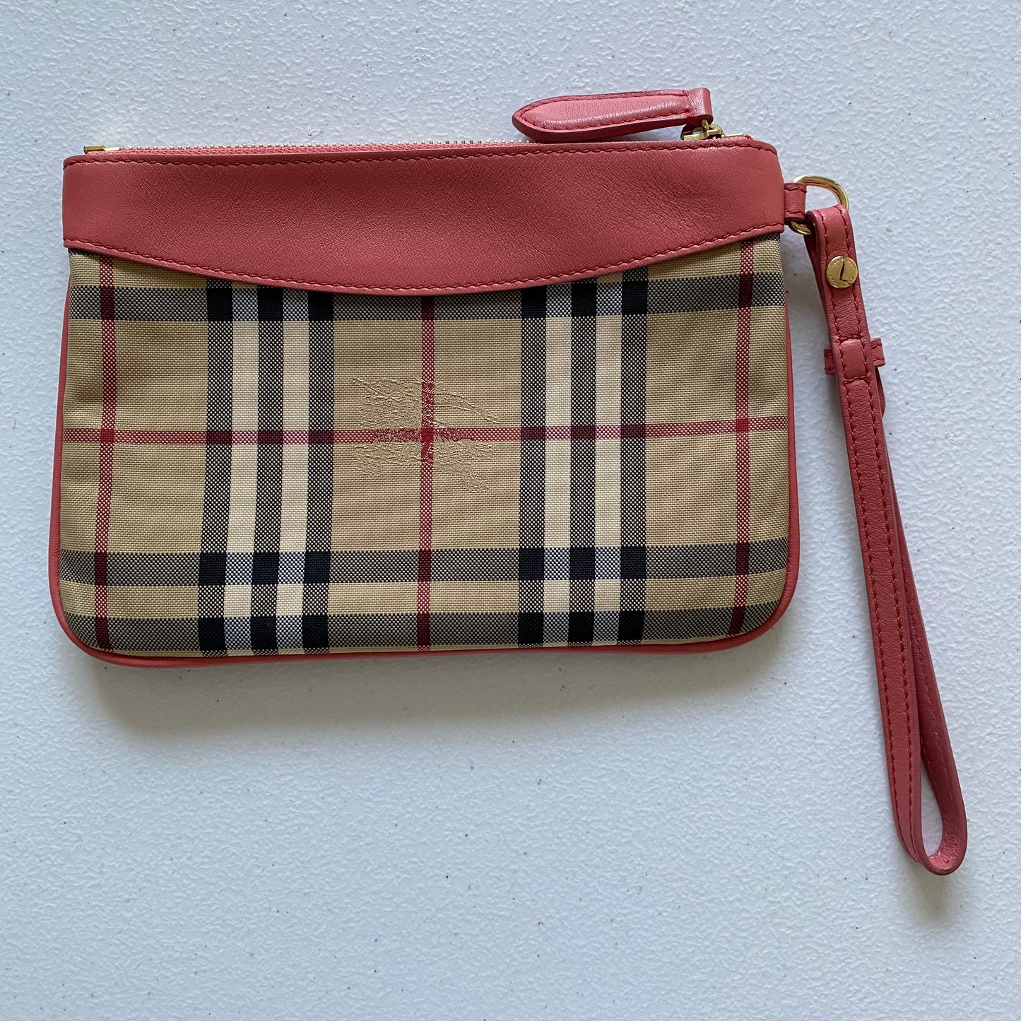 Burberry classic check pink leather wrislet clutch bag Authentic with coa