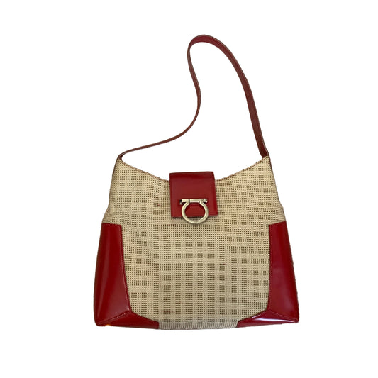 Salvatore Ferragamo linen and red leather shoulder bag authentic with COA