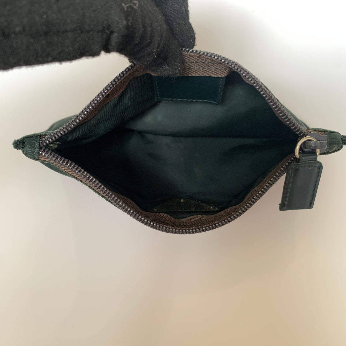 Prada deep green nylon pouch Authentic with COA 7.7x4.6