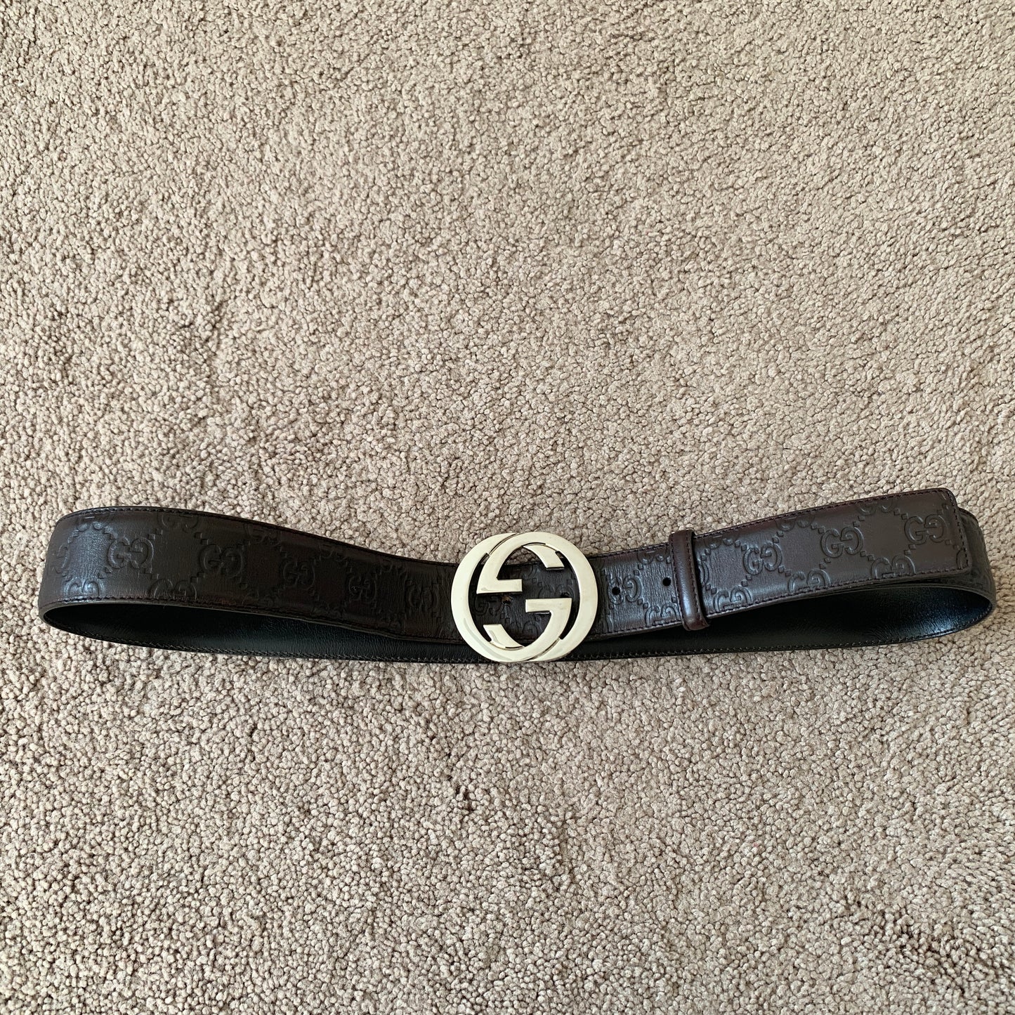 Authentic Gucci unisex signature monogram dark brown leather belt