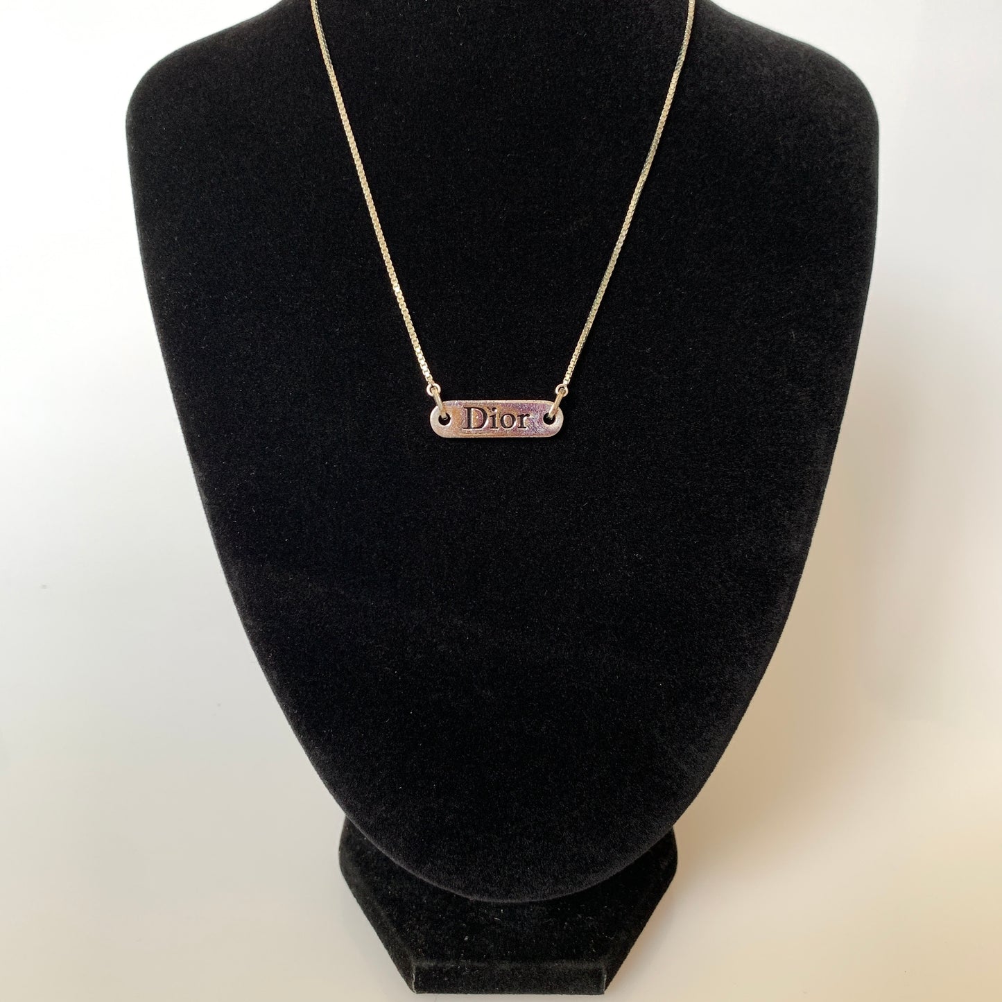 Dior silver tone logo plate adjustable necklace Authentic with COA