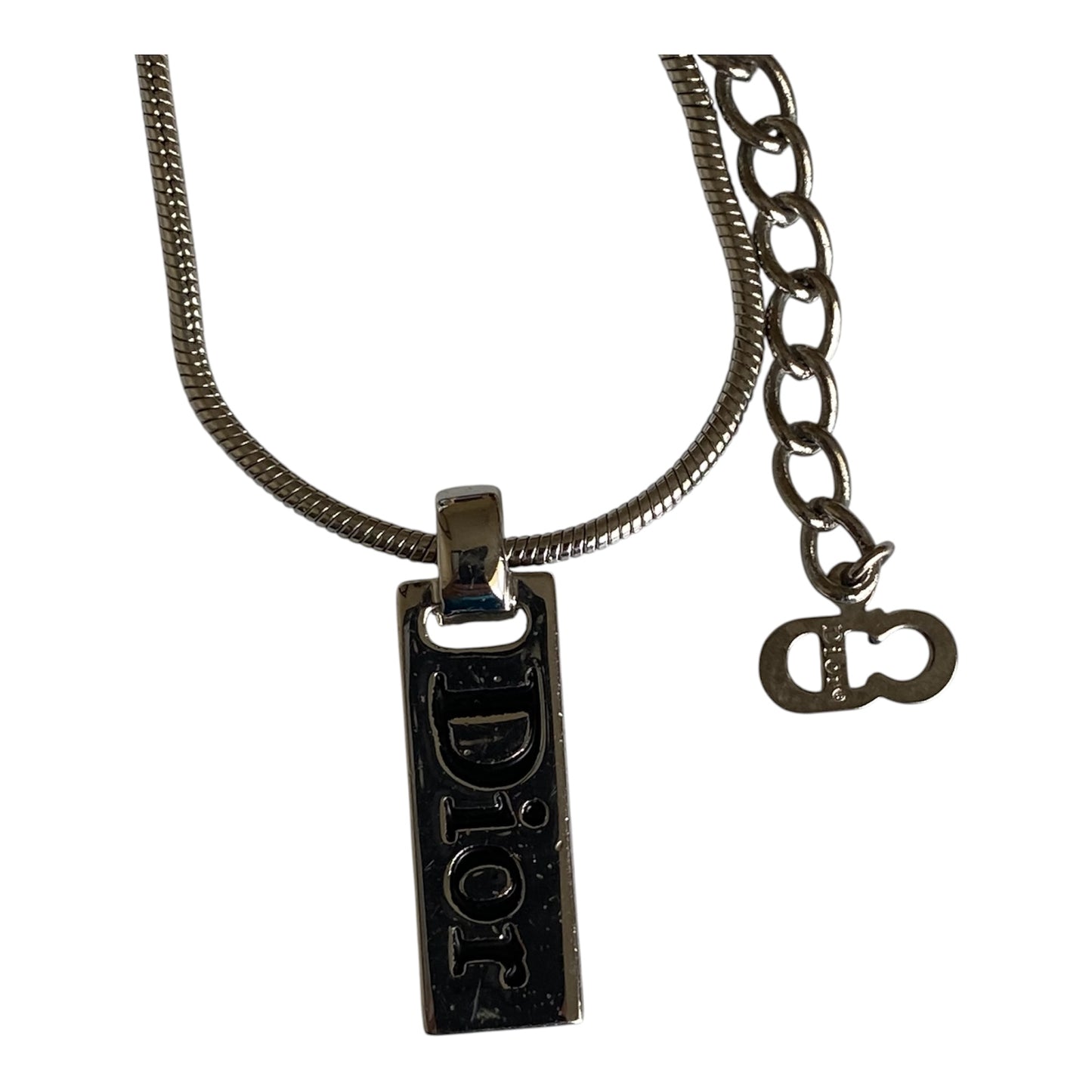 Dior silver tone logo plate pendant necklace Authentic with COA