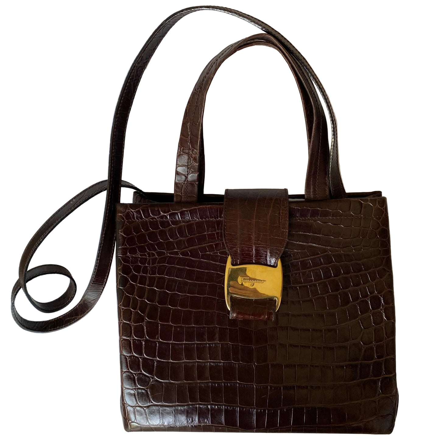 Ferragamo brown leather satchel bag strap removable Authentic with COA 9.5x8.3x4.1