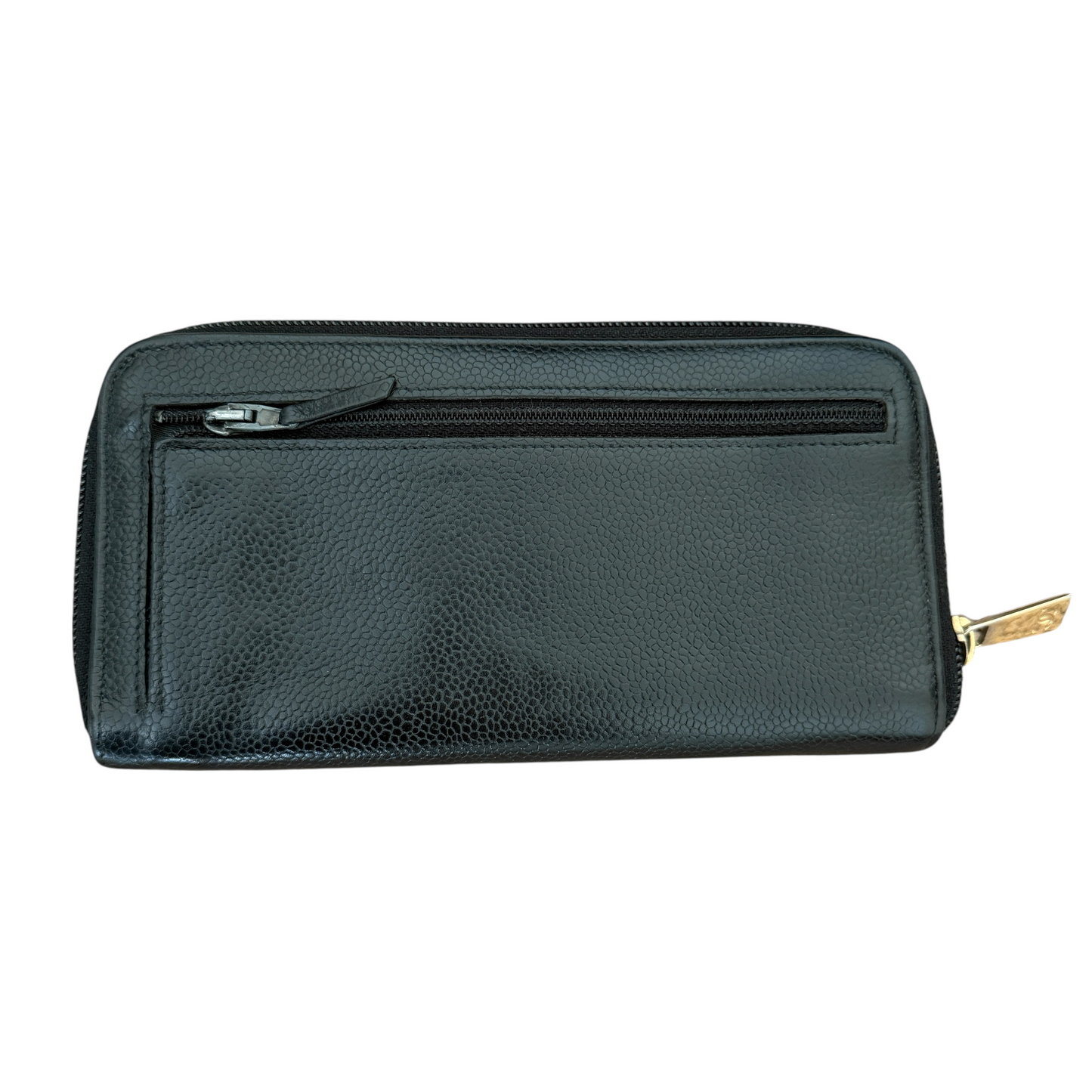 Chanel CC caviar black leather long zip around wallet authentic with COA gold tone hardwear