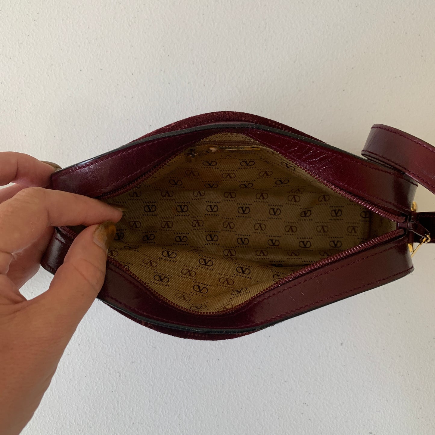 Valentino Garavani full V logo burgundy suede leather crossbody bag authentic with COA 10x6x2.9