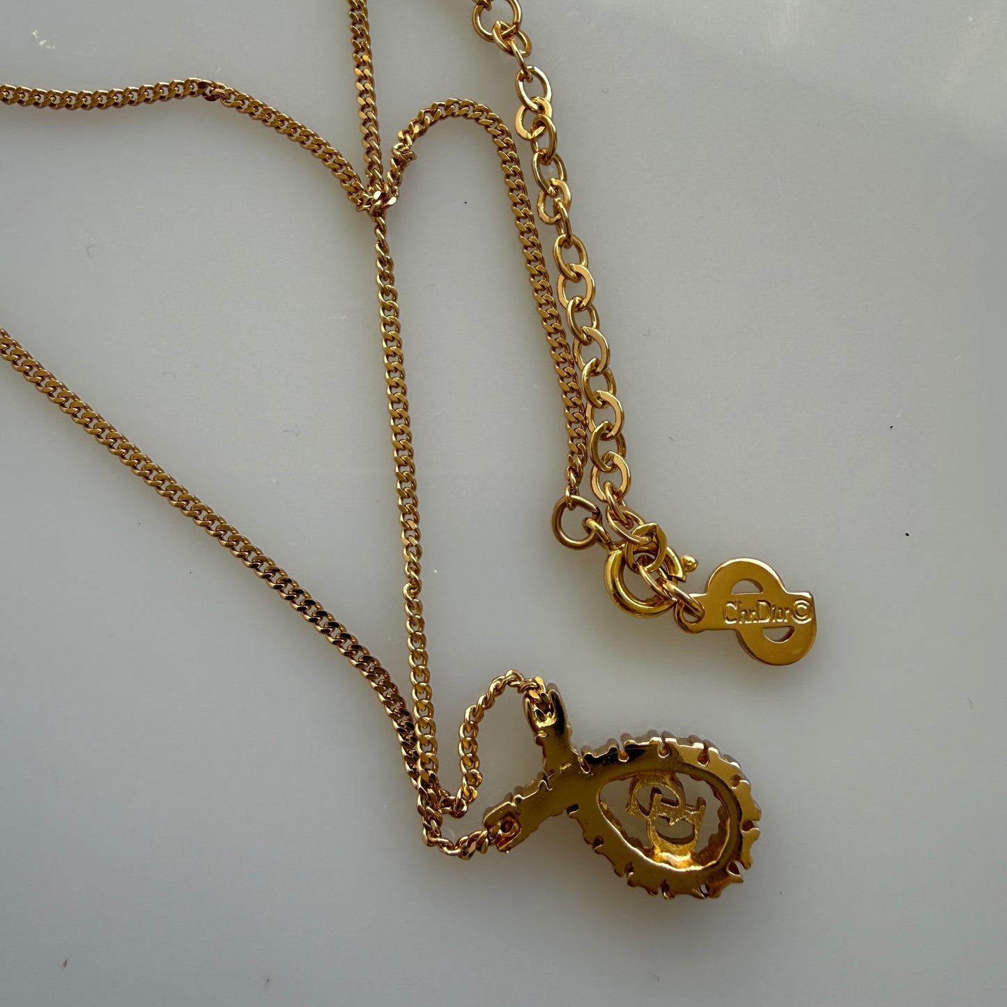 Christian Dior CD logo rhinestone gold tone necklace authentic with COA 005