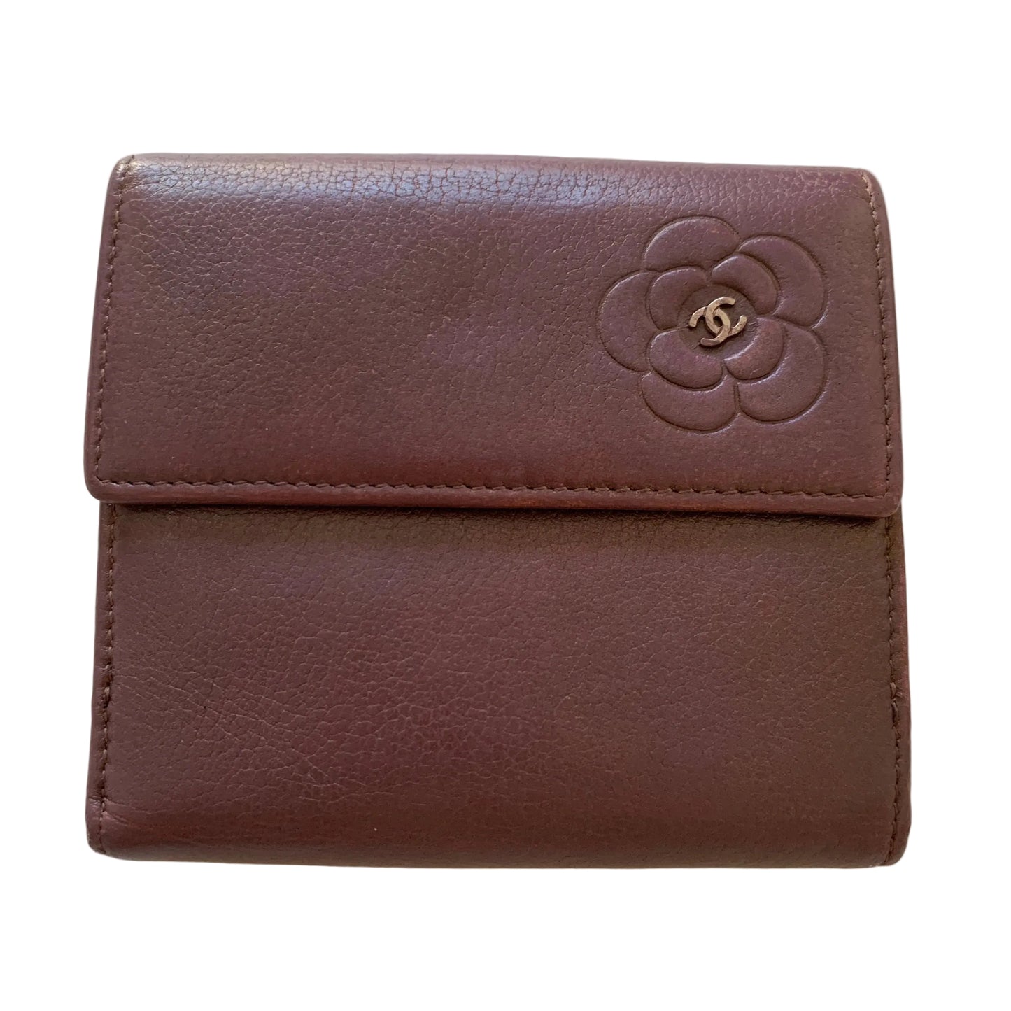 Chanel camellia CC mark burgundy compact leather wallet authentic with COA