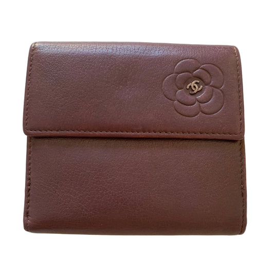 Chanel camellia CC mark burgundy compact leather wallet authentic with COA