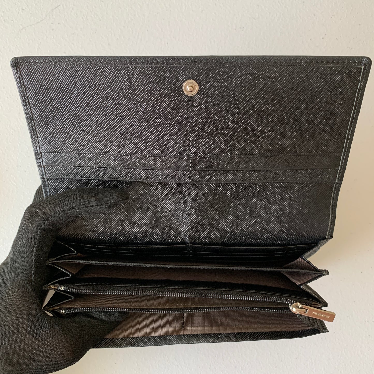 Burberry Black check leather long wallet authentic with COA