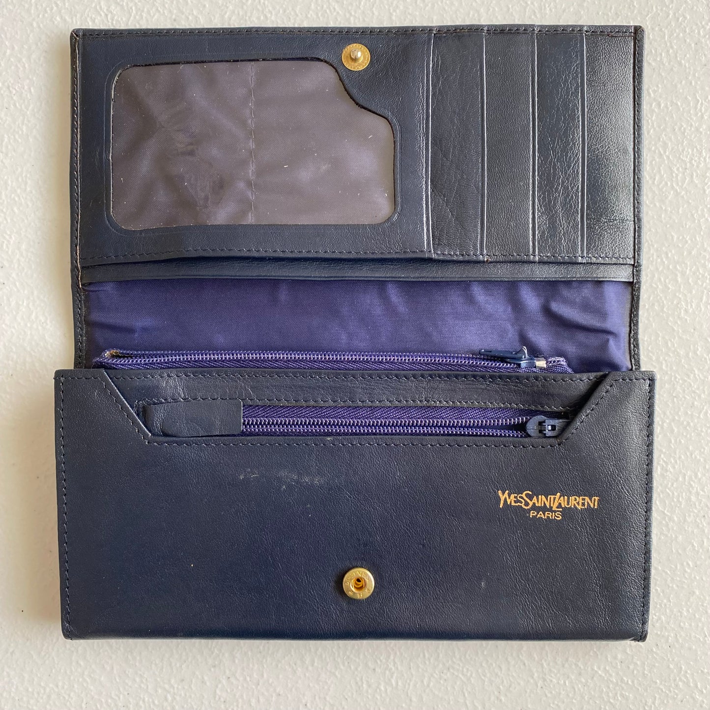 Yves Saint Laurent navy leather long wallet Authentic with COA 7.2x4