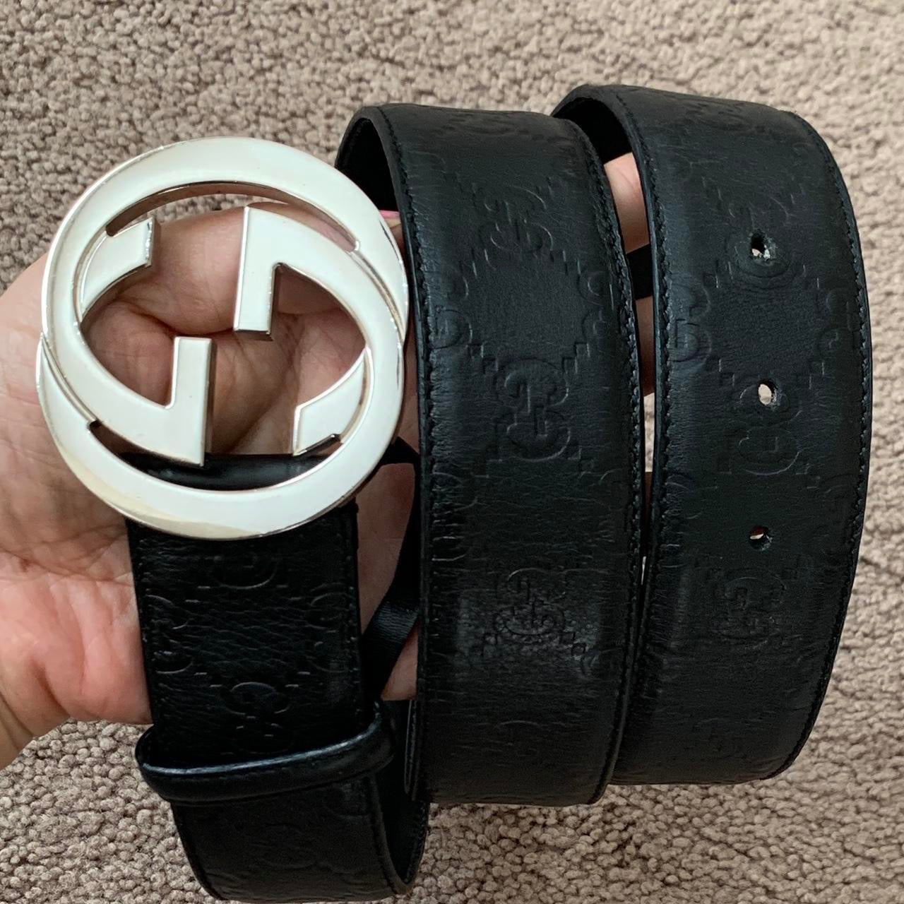 Authentic GUCCI unisex signature monogram black leather belt with silver interlocking buckle