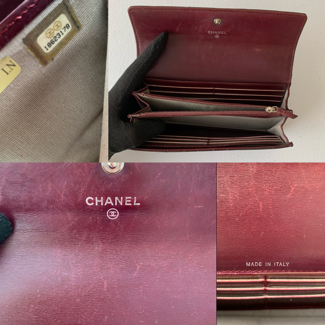 Chanel burgundy matelasse patent Leather Wallet authentic with COA box