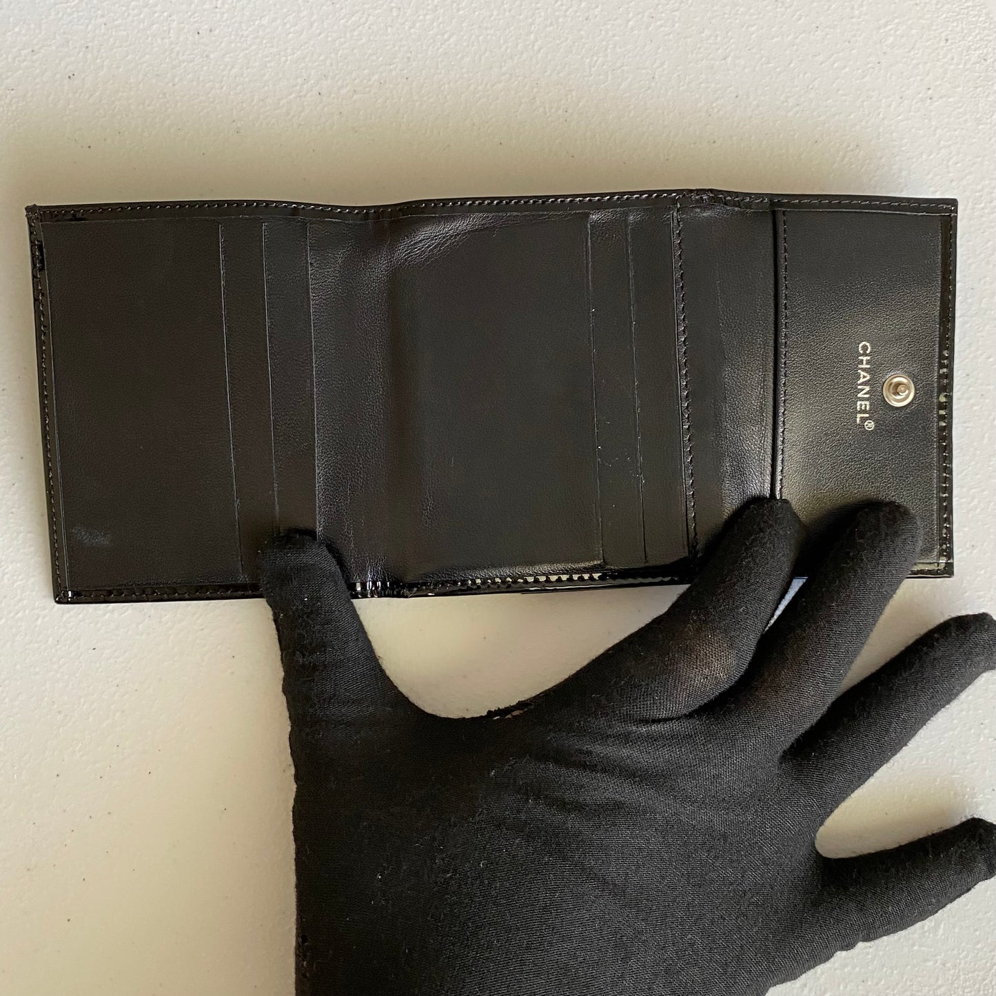 Chanel CC mark black patent Lea compact wallet authentic with coa