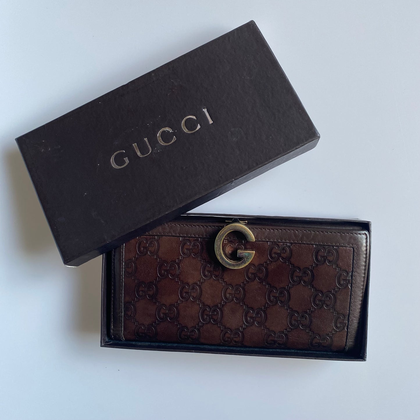 Gucci GG monogram brown leather long wallet Authentic with COA box