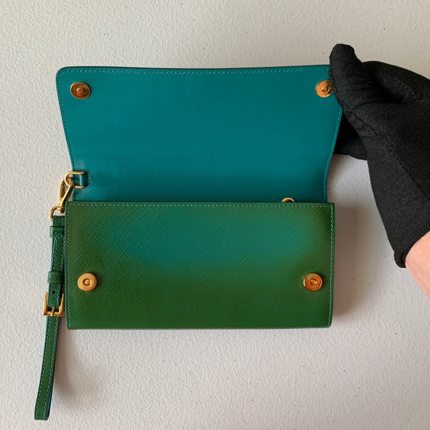 PRADA long green leather wristlet clutch bag Authentic with COA