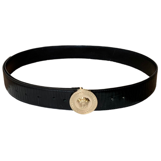 Authentic unisex Versace black leather belt with medusa buckle