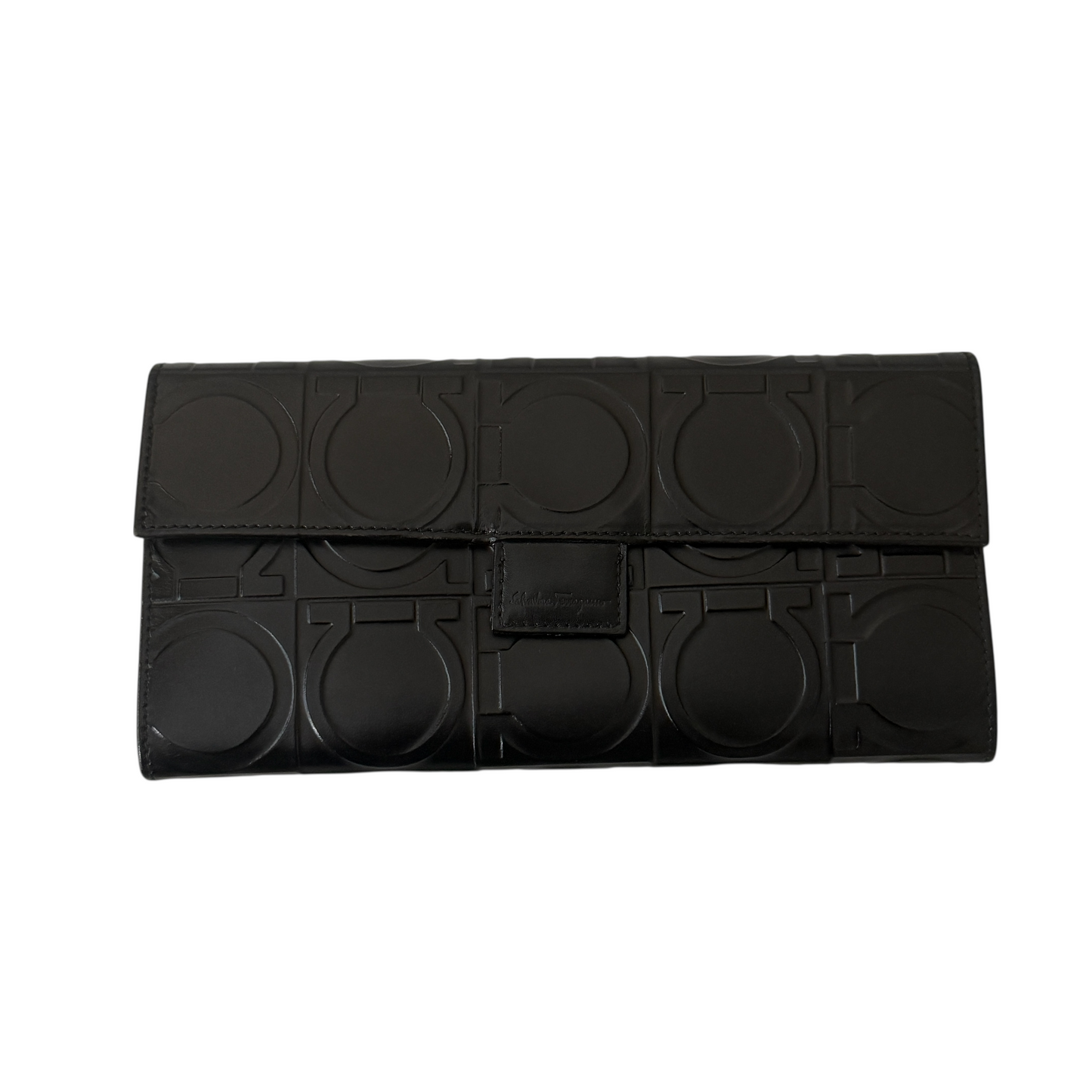 Salvatore Ferragamo Gancini full logo black leather long wallet authentic with
