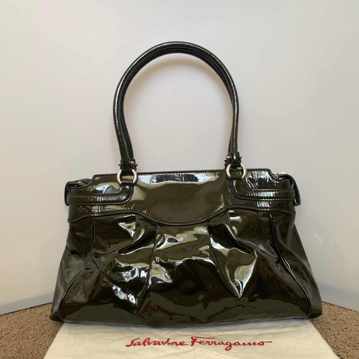 Ferragamo dark green patent leather shoulder bag Authentic with COA dusty