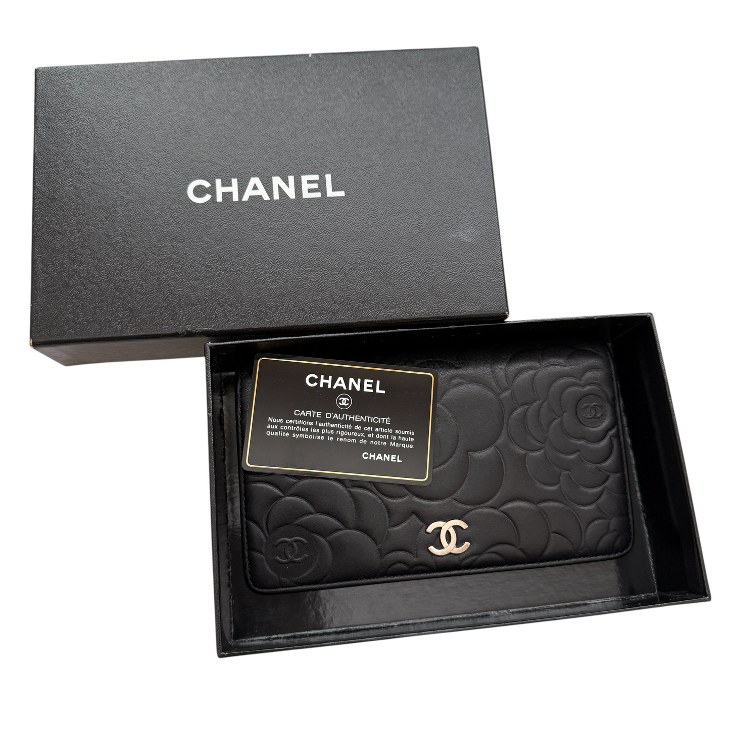 Chanel camellia flower embossed coco mark black leather wallet authentic with COA