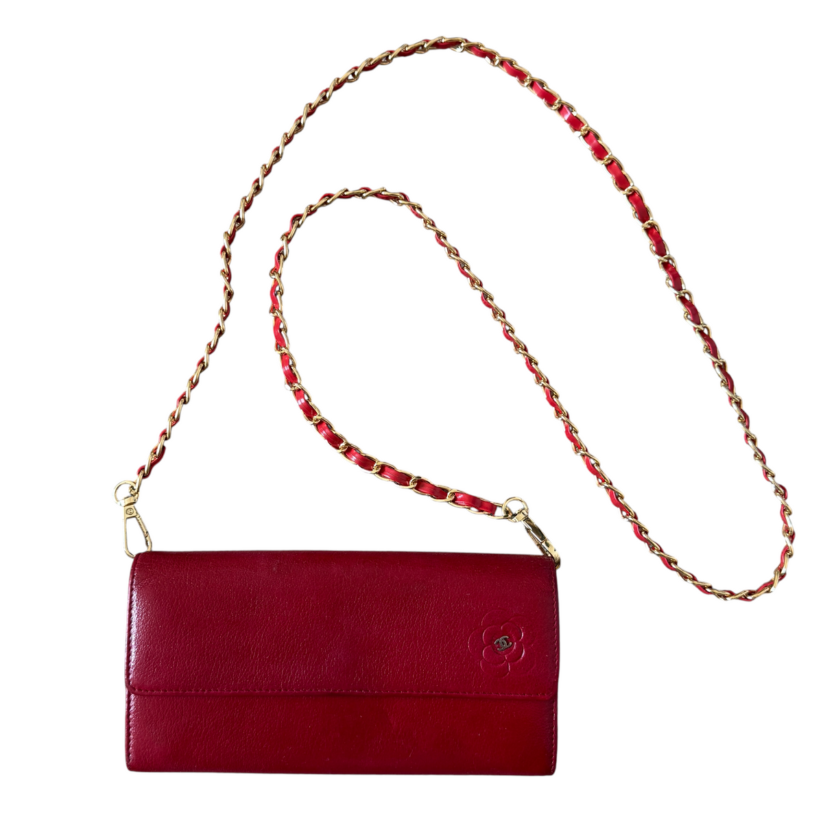 Chanel camellia CC mark red leather long wallet Authentic with COA and non branded insert with chain 7.5x4
