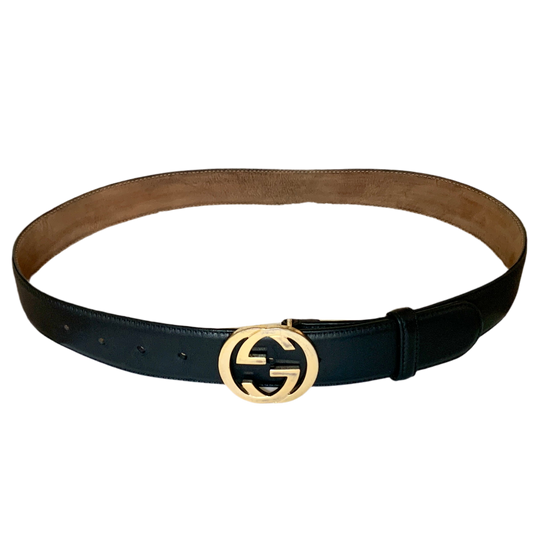 Authentic Gucci unisex black leather belt with gold buckle