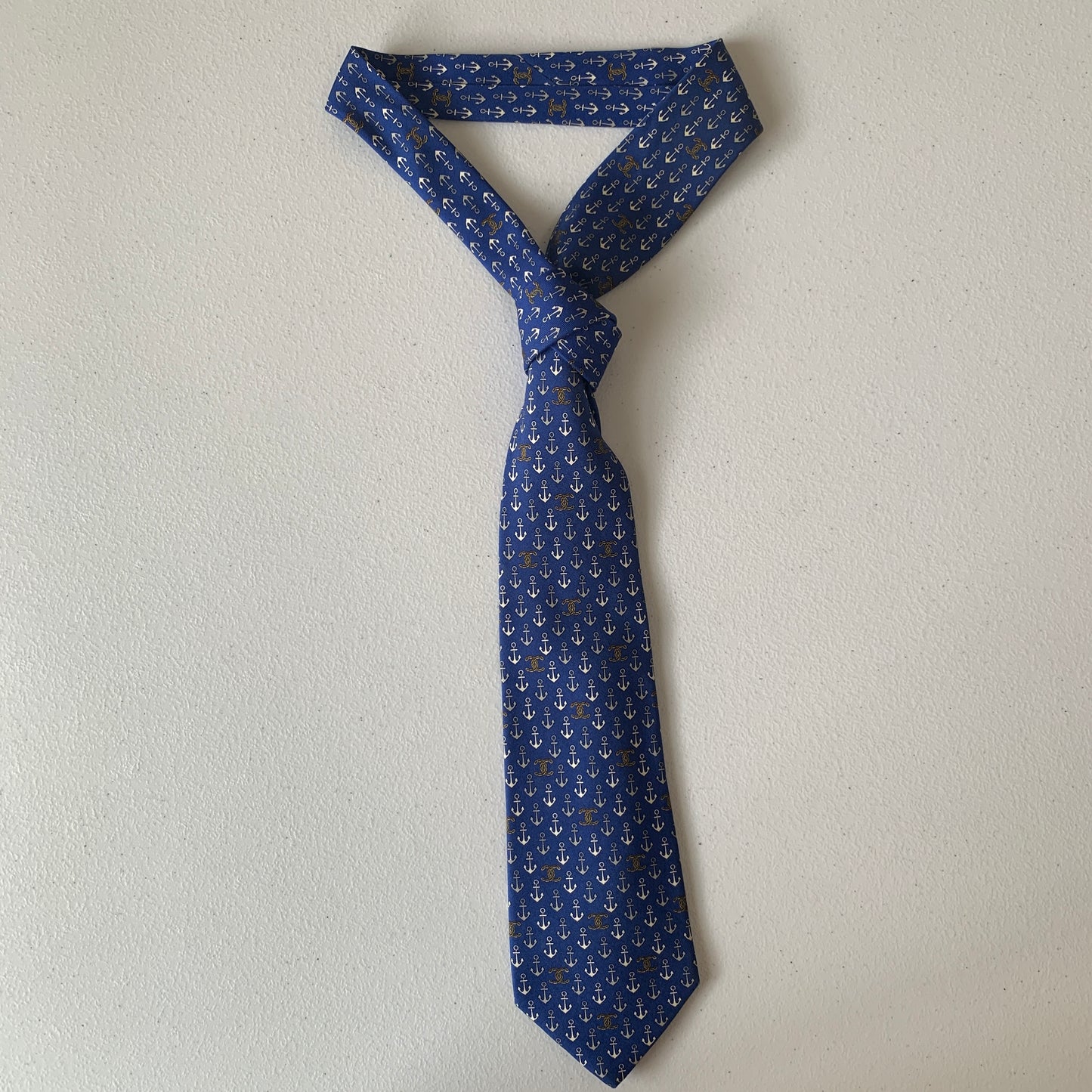 Chanel Coco mark Anchor blue silk Neck tie authentic with COA