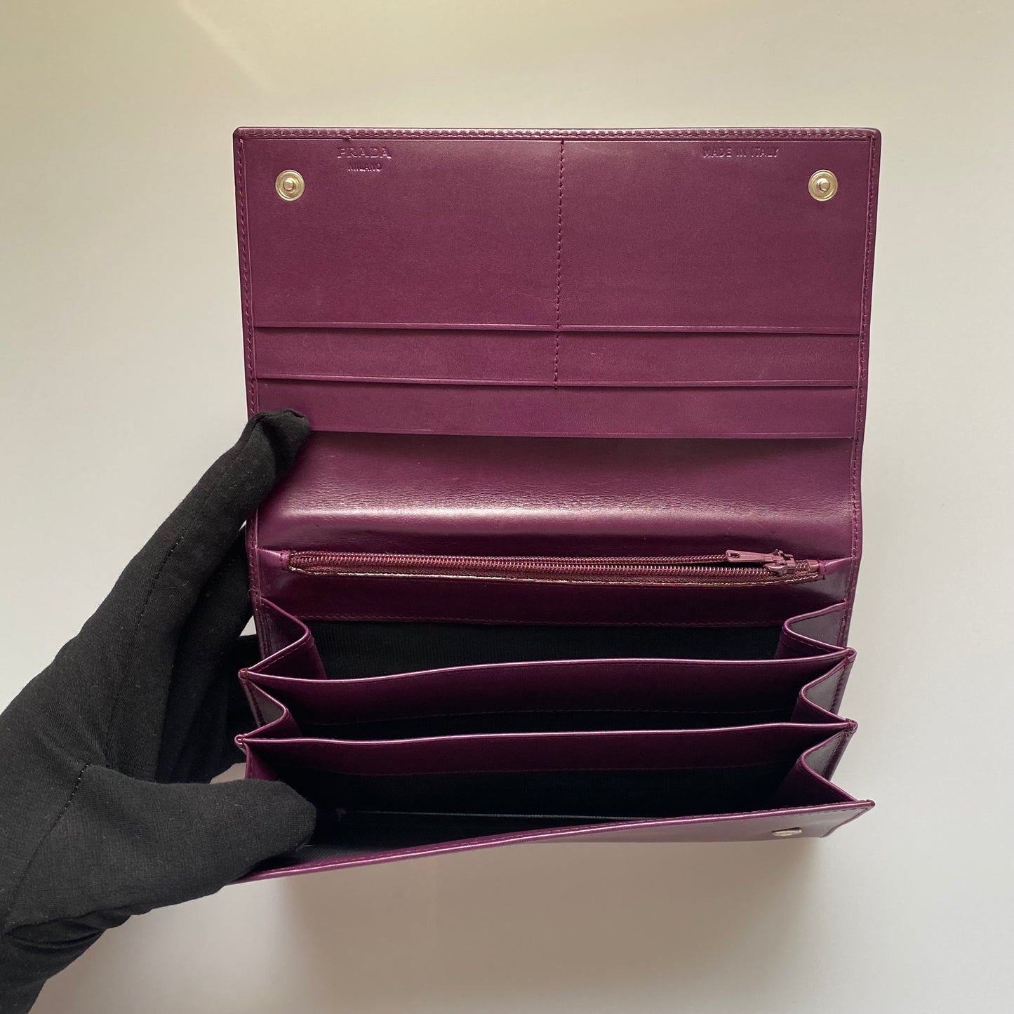 PRADA triangle logo purple leather wallet authentic with coa box card 7.2x4.2