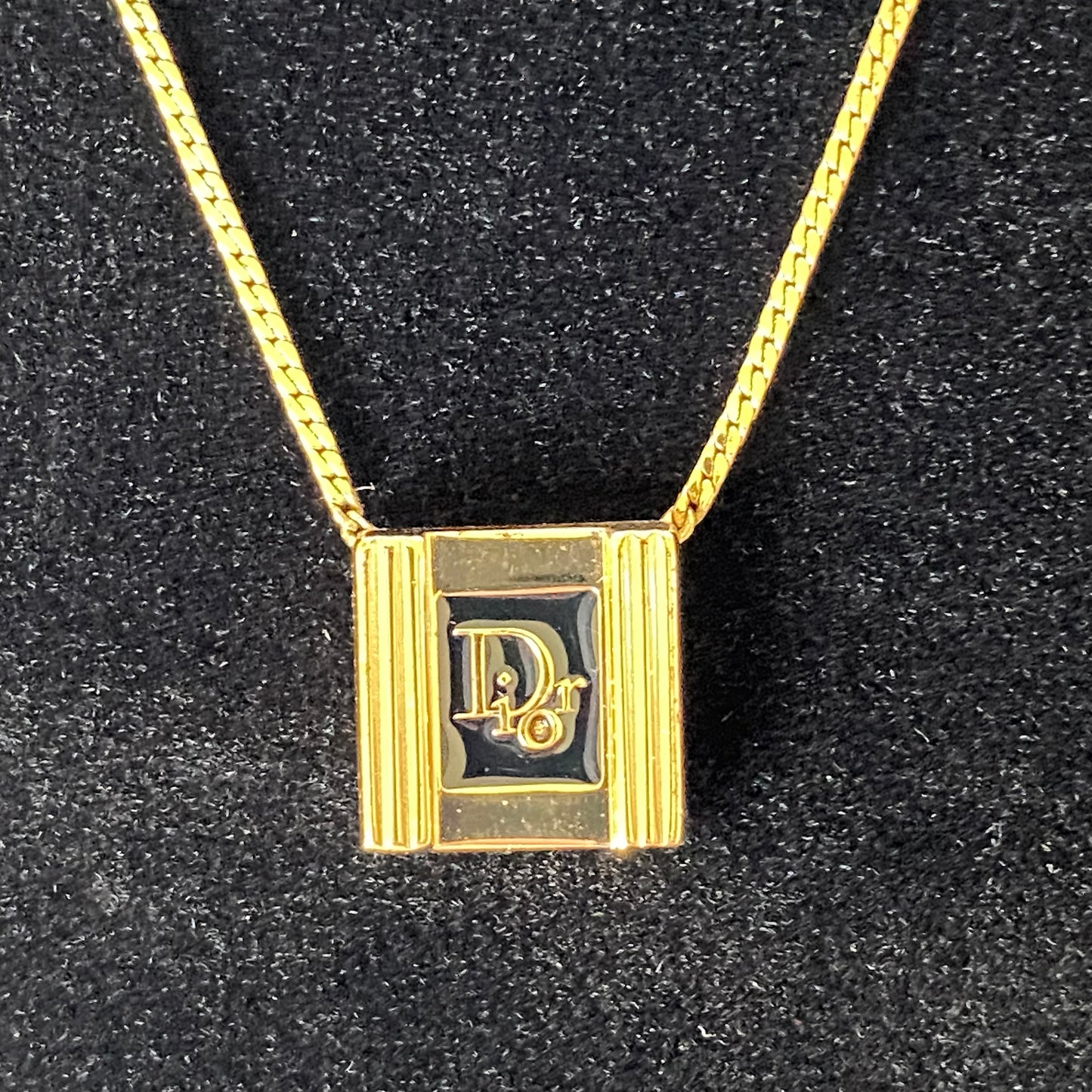 Dior logo gold plated square pendant adjustable necklace Authentic with COA