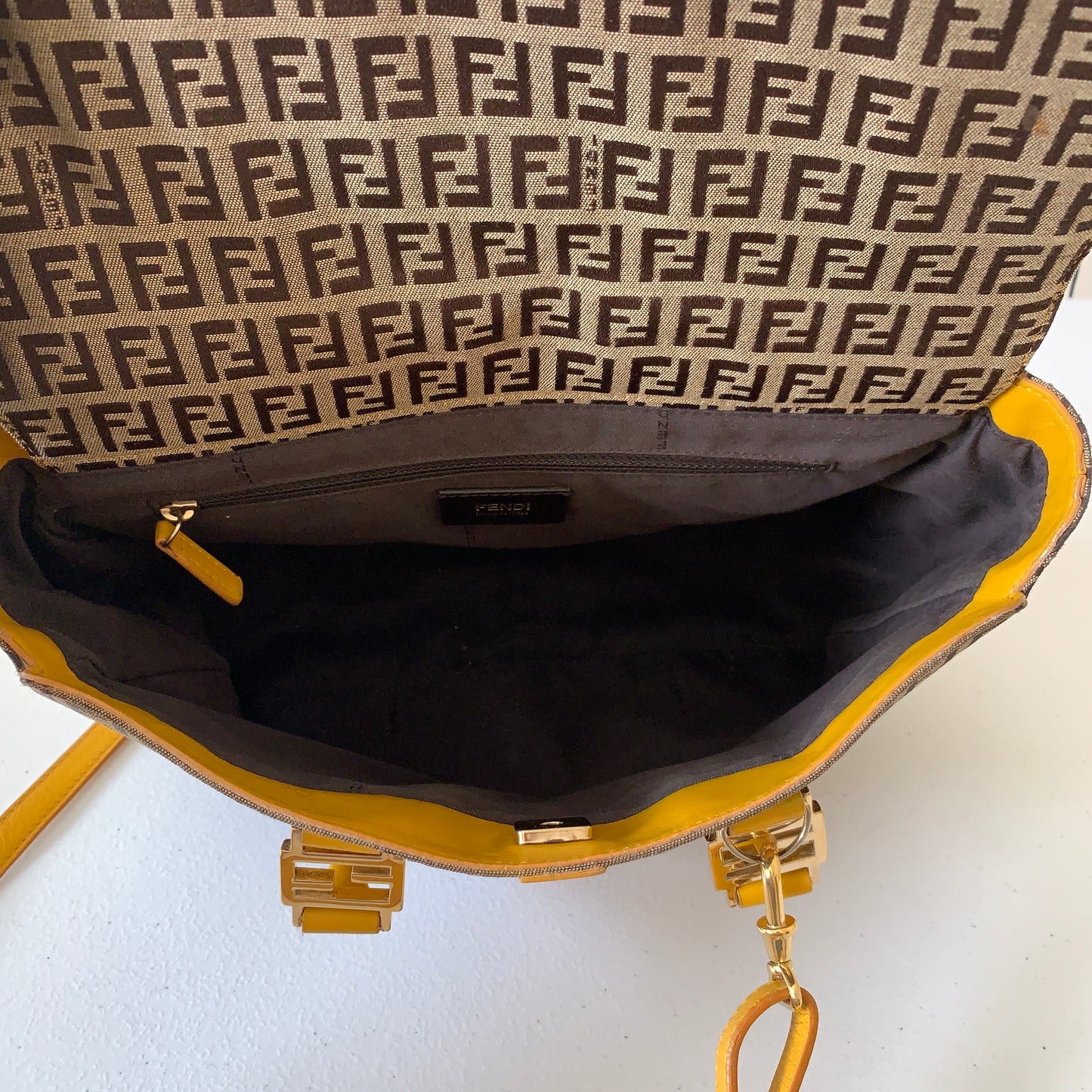 Fendi zucchini monogram canvas and yellow leather bag Authentic with COA and cr