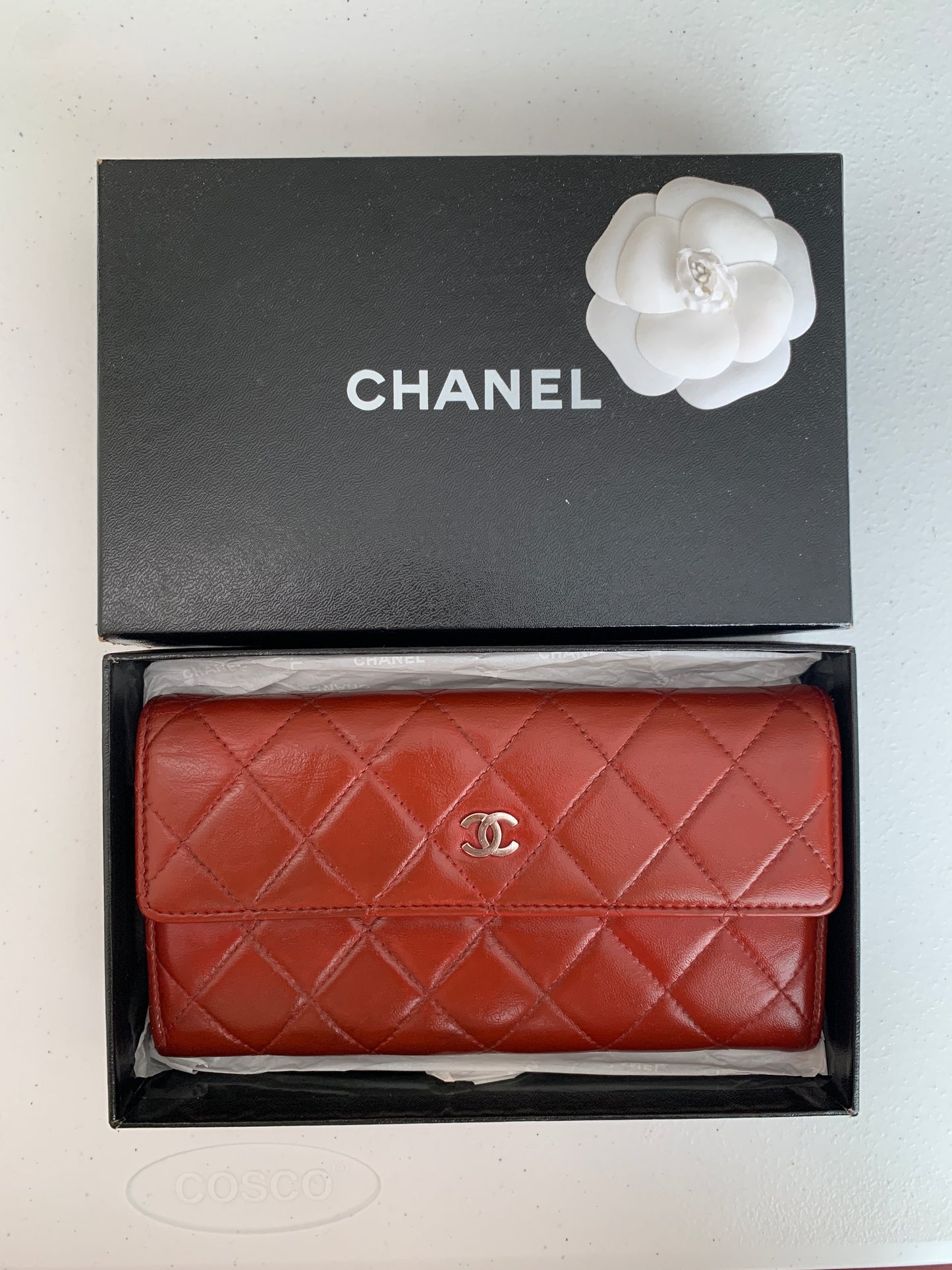 Chanel dark red cc mark flap quilted leather long Wallet Authentic with COA and box